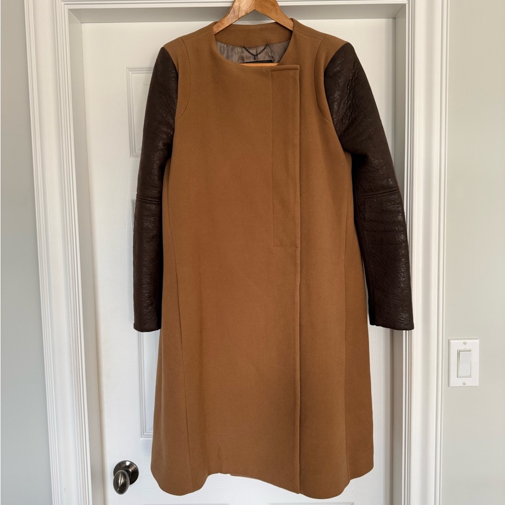 BCBGMaxAzria Camel Coat with Dark Brown Leather Sleeves